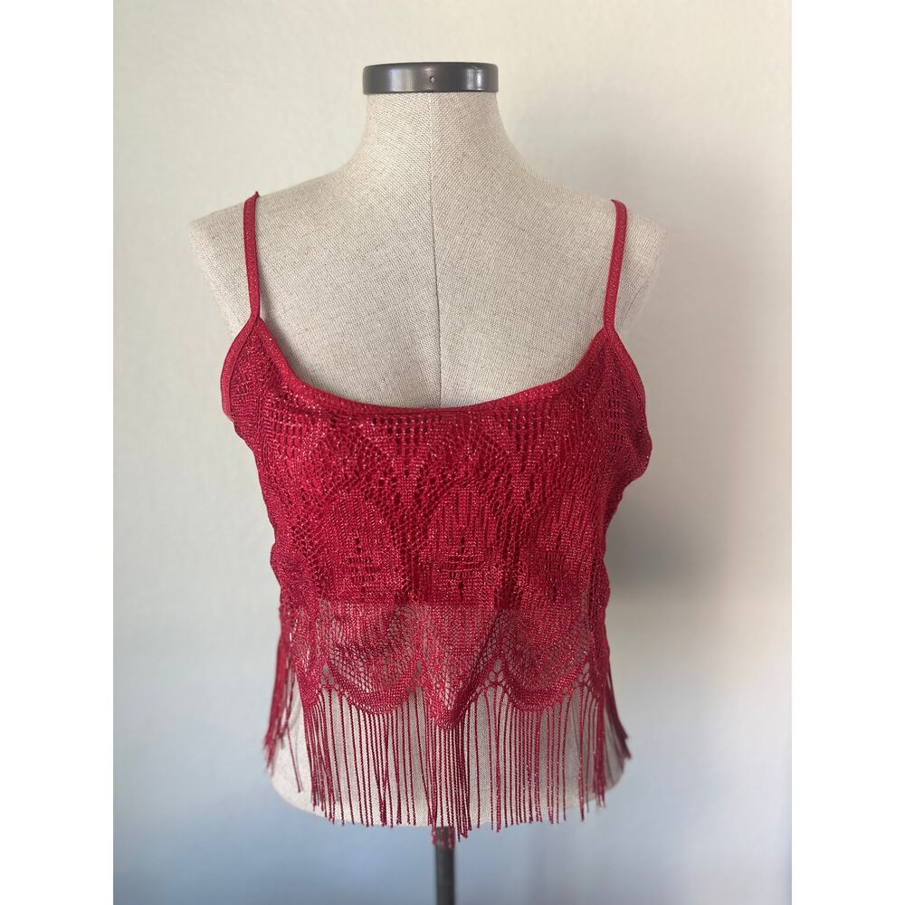 Red Crochet Fringe Tank Top Festival Y2K Boho Metallic Whimsigoth Cami M